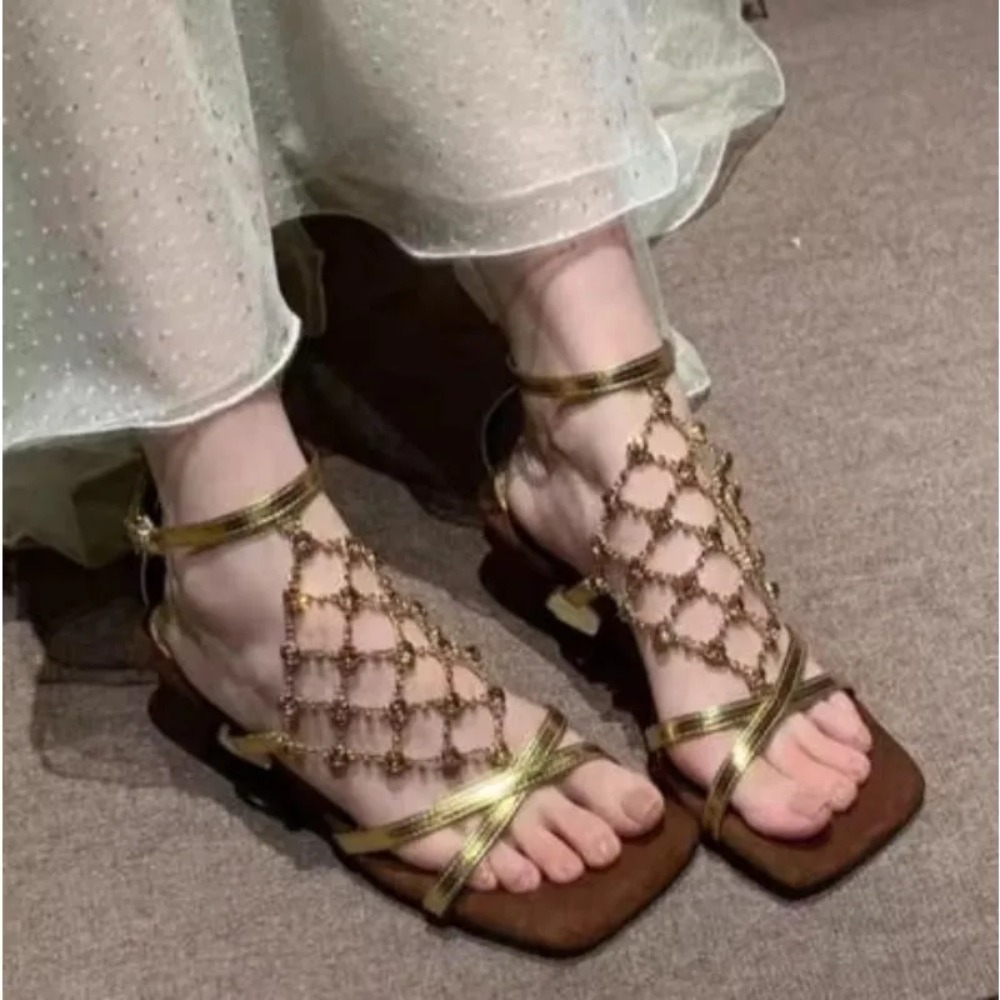 Temperament High Heels Women S - đánh giá và giá Mesh Strap Metal